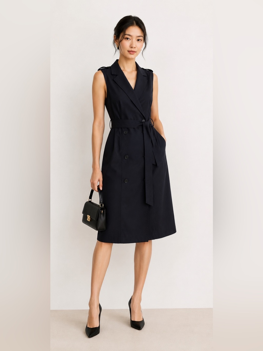 H&M Sleeveless Trench Style Midi Dress Black Belted Double Breasted XS